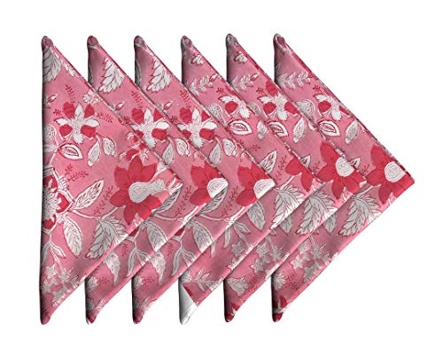 Craftbot Cotton Dinner Napkins 18x18 inches - Washable Cloth Napkins Set of 6 - Everyday Use or Dinner Party and Events - Pink Lighweight Indian Block Printed Fabric