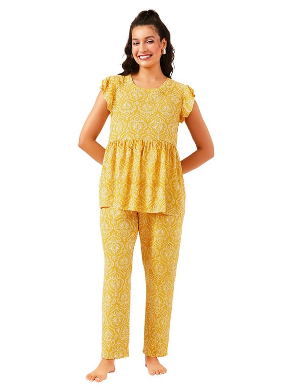 clovia Women's Rayon Feeding Printed Top & Pyjama in Yellow-picture-57