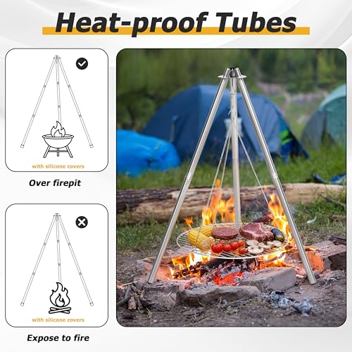 Image of HaSteeL Stainless Steel Campfire Tripod Grill for Camping Cooking Barbecue | 17 inch Folding Grate for 2-4 People, Adjustable Height, Openfire Stand Hanger for Outdoors Beach Firepit BBQ, Easy to Assemble