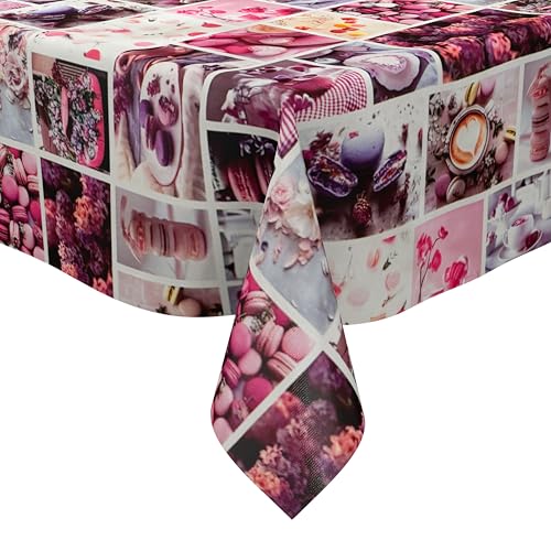 KEVKUS Nappe en toile cirée 06308-00 Macarons Café Cappuccino Parins au choix Forme rectangulaire, ronde ou ovale 140 x 140 cm Bord coupé