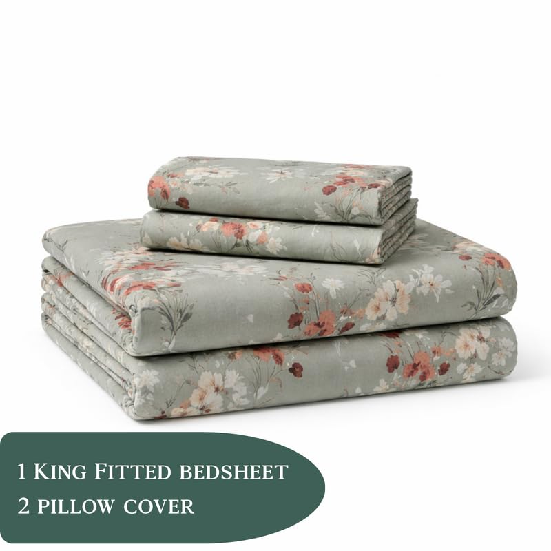 Image of THEA King Elastic Fitted Double Bedsheet Set| 180 TC Cloud Soft Cotton Touch| 1 King Elastic Double Bedsheet for King Size Bed (72 X 78 x 10 inches) with 2 Pillow Covers,Sage Whisper