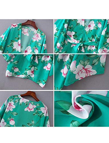 Women's Floral Boho Chiffon Kimono Beach Summer Sheer Cardigans (Green, S)