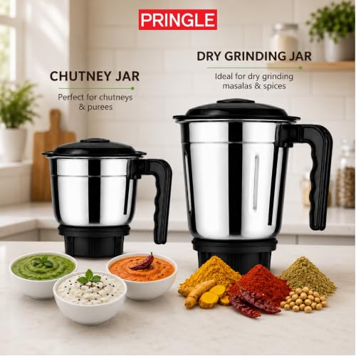 Image of Pringle Bolt 550W 2 Jar Mixer Grinder for Kitchen | 2 SS Jars (Wet & Dry Grinder & Chutney) | Stainless Steel Blades | Compact & Powerful | 2 Yr Warranty | Black Silver