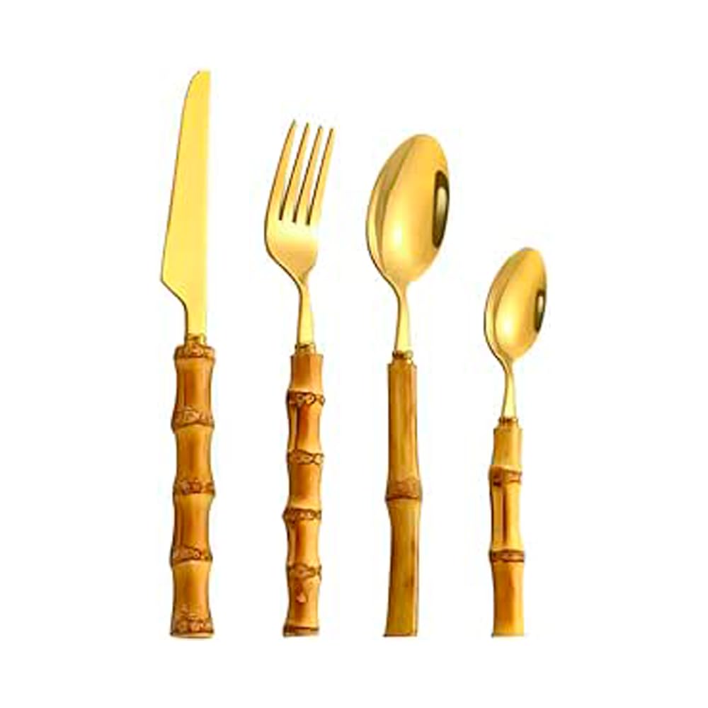 EME Set Cubertería Dorada 24 piezas con Mango de Bambú Natural. Incluye: 6 Cuchillo de mesa, 6 Cuchara de mesa, 6 Tenedor de mesa y 6 Cuchara de café postre.