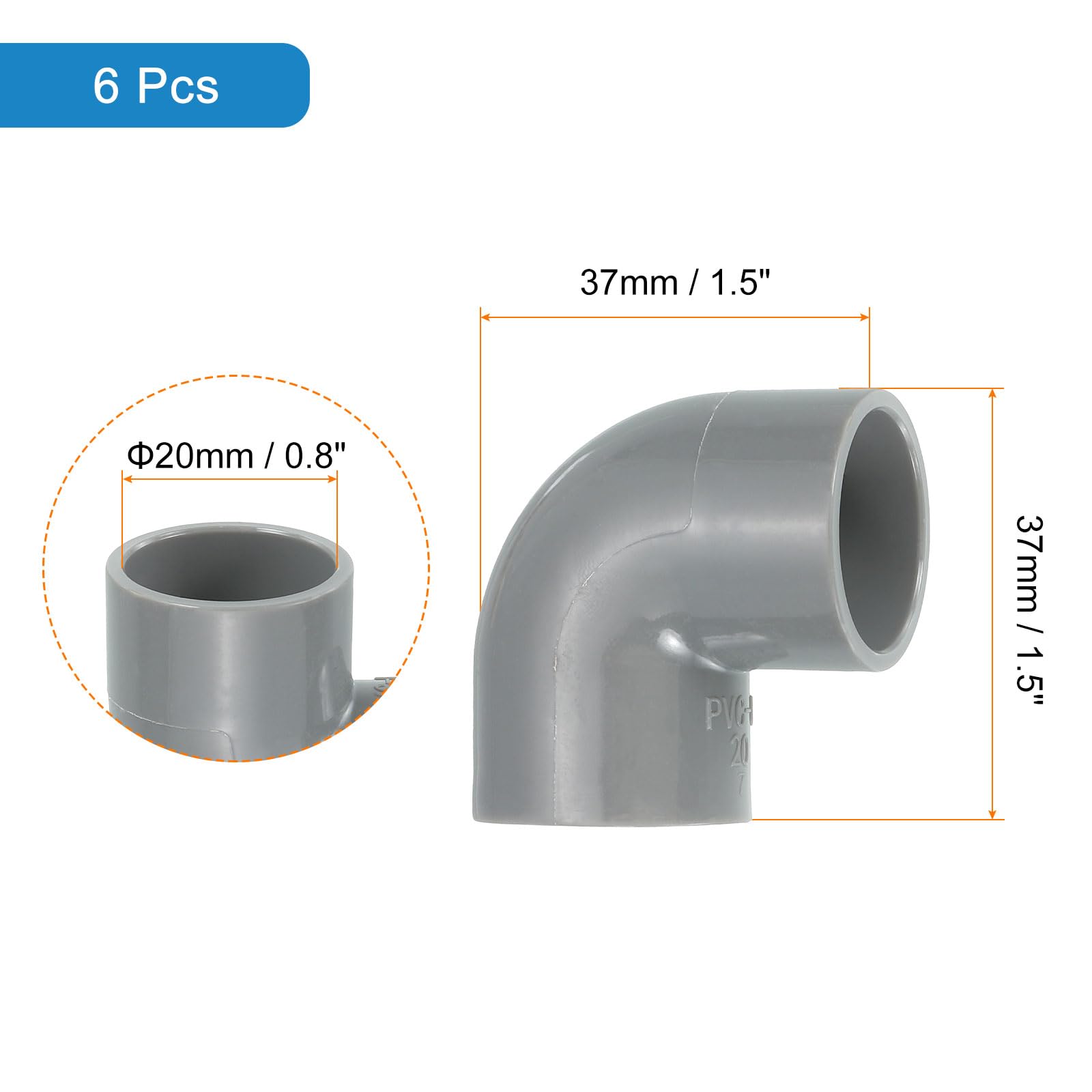 QUARKZMAN 20 mm, 6 sztuk złączek rurowych z PCW, 90 stopni, złącze redukcyjne, złączka rurowa, złącze rurowe, adapter do ogrodu, gospodarstwa rolnego, nawadniania, armatury wodnej, kolor szary