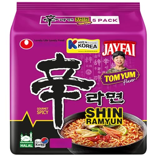 Nong shim Shin Ramyun Korean Tom Yum Noodles Pack of 5 (123g Each) - Hot & Sour Instant Ramen Soup for Quick Meals & Noodles