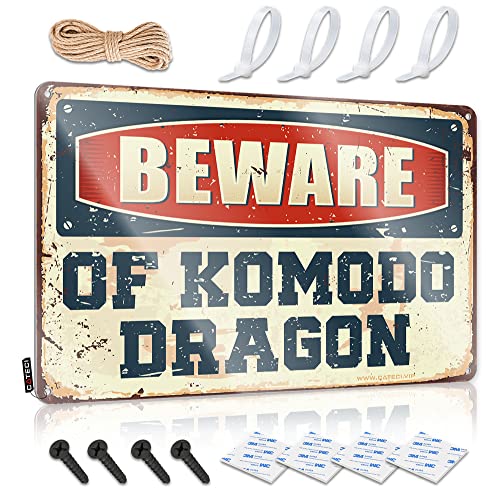 Divertido letrero decorativo para bar con texto en inglés "Beware Of Komodo" con diseño de dragón, decoración de café vintage (20 x 30 cm)