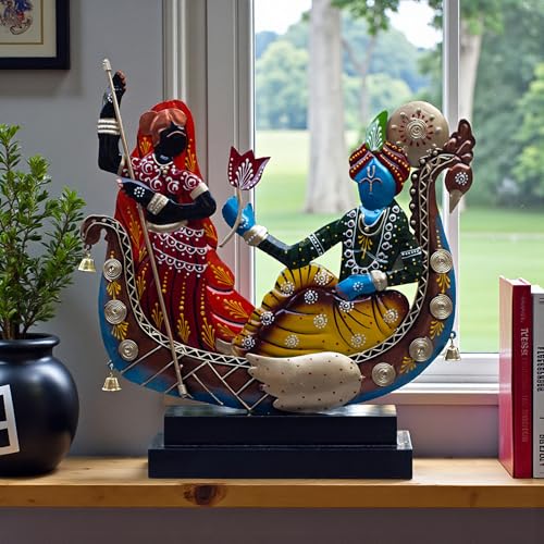 Image of KRAFTSKALA Radha Krishna Boat Showpiece for Home Decor | Iron Metal Decorative Idol with Wooden Base | 15 Inch Spiritual Statue for Living Room, Bedroom, Temple & Gifting