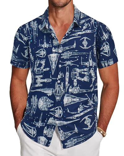 Mens Hawaiian Shirts Short Sleeve Button Down Shirt Costume Funny Space Airplane Bowling Gifts Anime Tropical Funky Cool Shirts Navy XXL