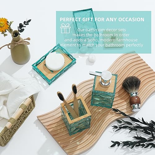 GAHEFY Teal Blue Beach Bathroom Accessories Set, Toothbrush Holder, Soap Dispenser, Cotton Swabs Holder, Soap Dish, Toilet Brush with Holder, Boho Bamboo Bathroom Decor,Acrylic (Teal) - Image 5