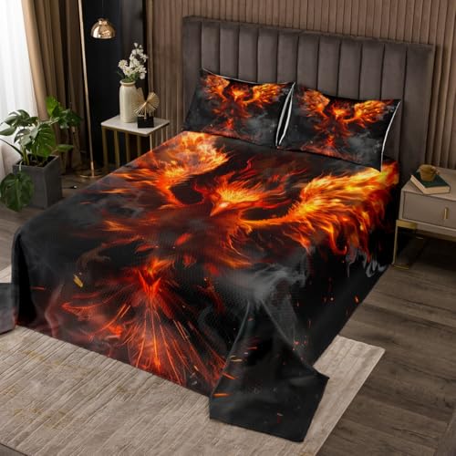 Erosebridal Fire Phoenix Quilt Set Flying Animal Kids Coverlet Set Flame Bird Animal Bedspread Set King for Boys Girls Teen,Red Phoenix Bed Set Bedroom Decor 3 Pcs