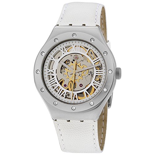Swatch Skeleton Dial Stainless Steel Leather Quartz Ladies Watch YAS109