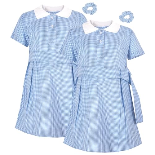 Girls Pack of 2 Uniform School Comfortable Gingham Check Belted Summer Dresses Matching Scrunchies Age 3-14 Years