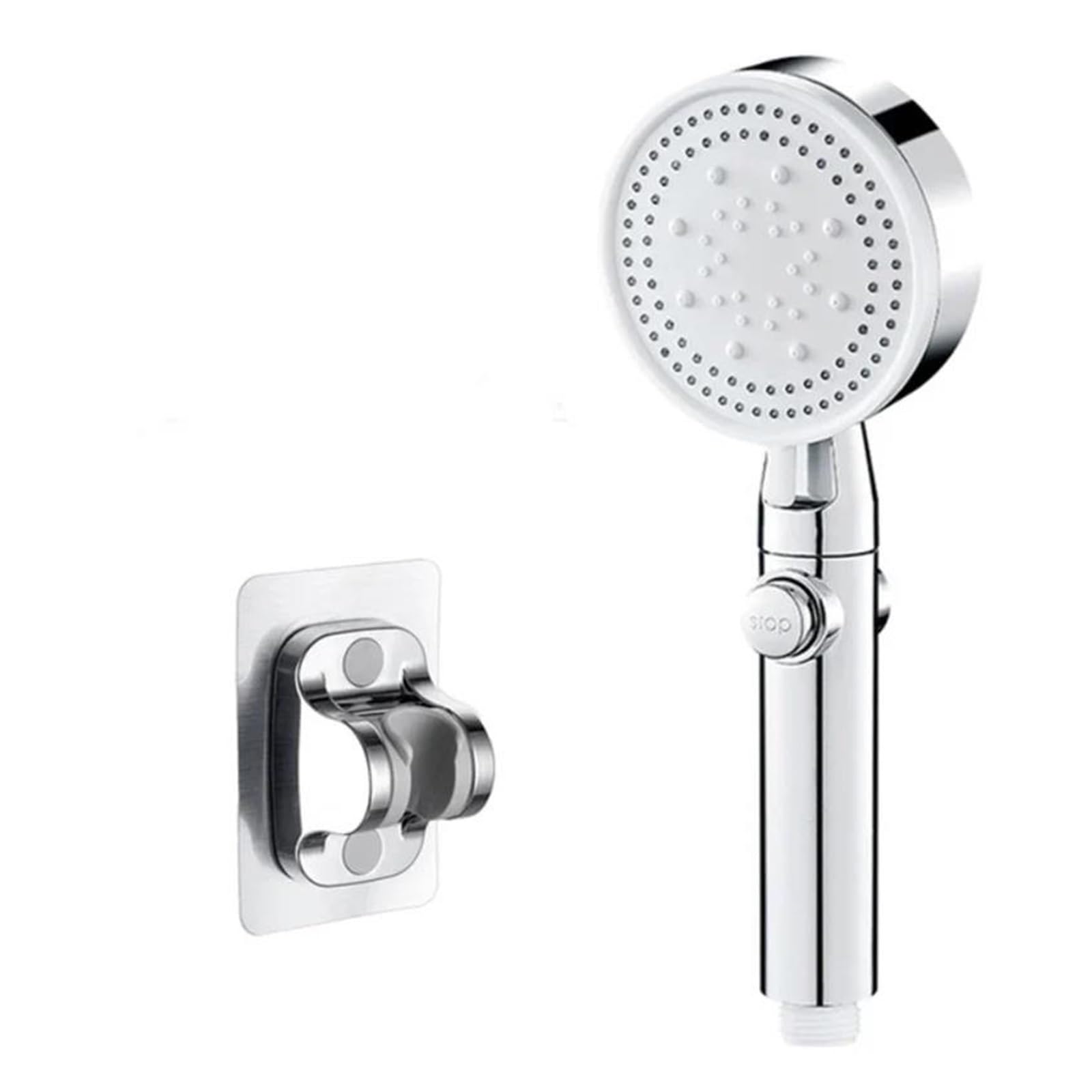 Soffione doccia ad alta pressione bianco e nero con 5 modalità regolabili, supporto per tubo flessibile, ugello a un clic per il risparmio idrico(Silver and Holder)
