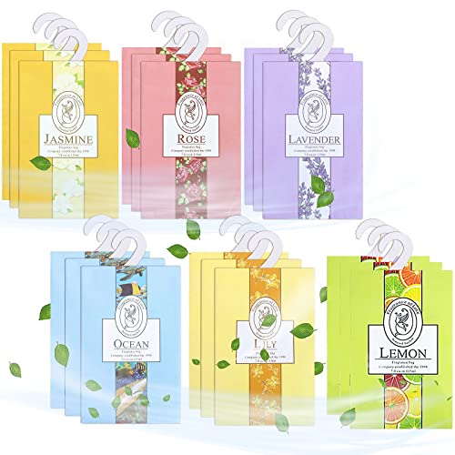 Scented Sachet, 18Pcs Fragrance Sachet Bags Drawer Fresheners Wardrobe Air Fresheners Long Lasting for Drawers Closets Wardrobes Bathrooms Cars (6 scents)