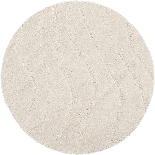 Image of Abstract Wavy Design Round Shaggy Carpet for Living Room, Bedroom, High Low Design Finish Microfiber 1.8 Inch Pile High, 4x4 Feet Cream|Cream Color