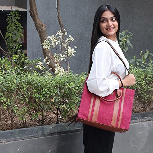 Image of Book Tote Handbag | Handloom Woven Cotton And Vegan Leather | Laptop | Tote Bags for Women For Office Use, Work | Ladies Stylish Shoulder Bag | Ethically Sourced, Lightweight