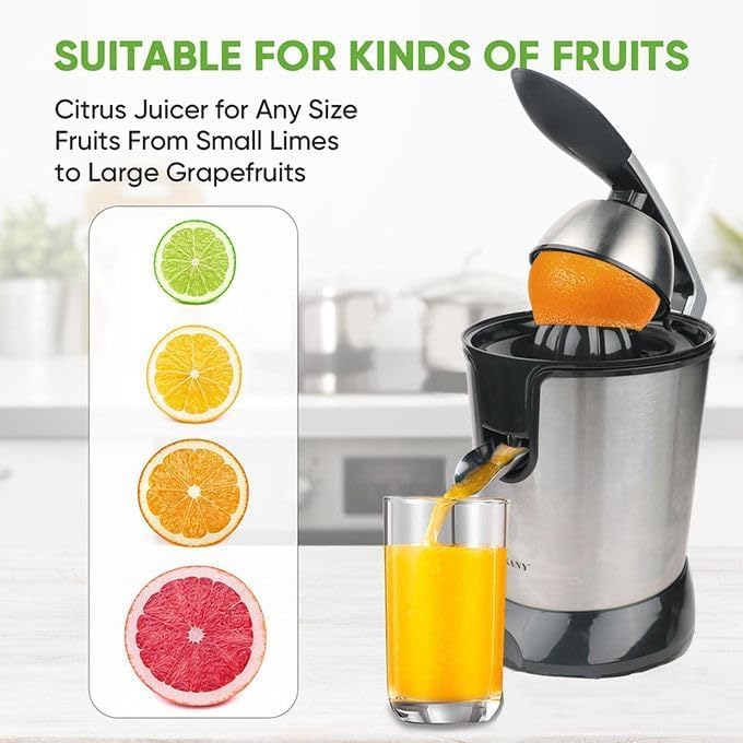 Image showing various citrus fruits and the juicer in action.