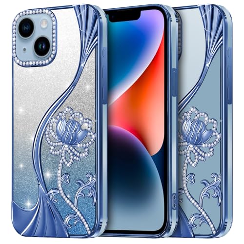 Coque iPhone 14 paillettes fleurs bleues antichoc LEVIOSA