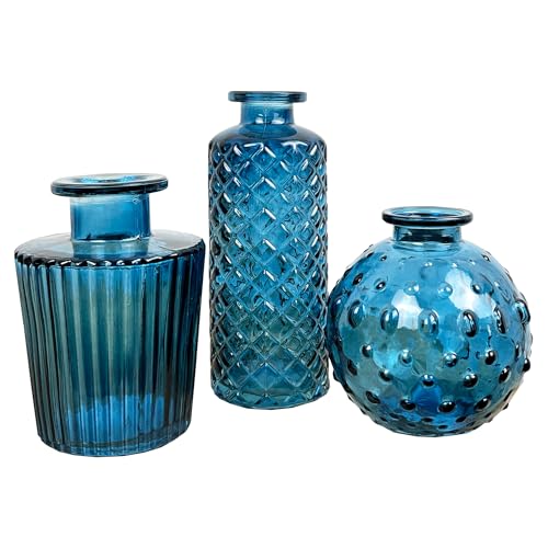 Set Of 3 Small Coloured Glass Bud Vases - Blue