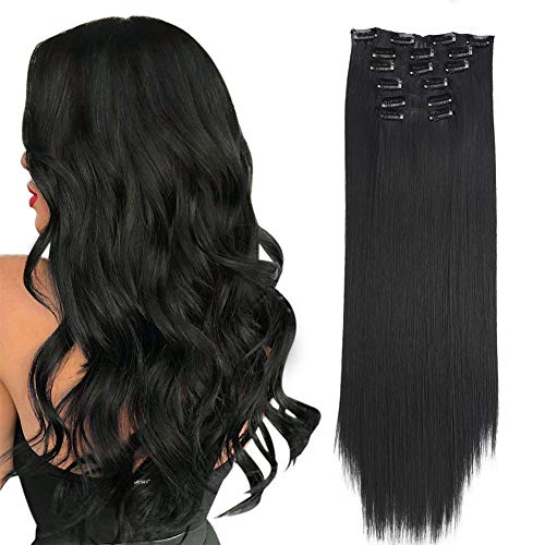 Straight Clip in Hair Extensions for Women140g/6Pcs Full Head 20 Inch #1B Natural Black Hair Extensions Clip in Hair for Black Women Girls Double Weft Synthetic Hair
