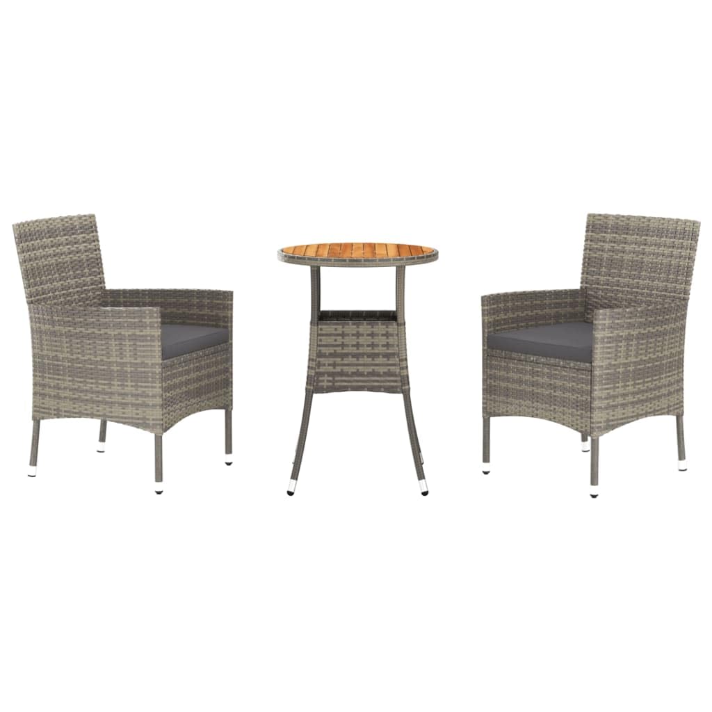Set da bistrot da giardino, 3 pezzi, in rattan sintetico grigio, con cuscini imbottiti, acciaio verniciato a polvere, tavolo da 55 x 75 cm, 2 sedie per balcone, terrazzo, mobili