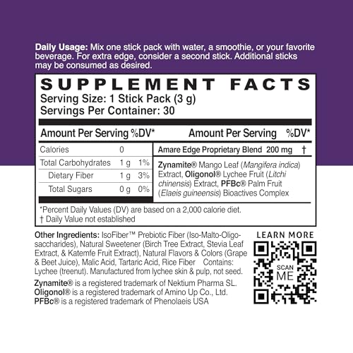 Image of Amare Edge Plant Based Nootropic Powder Drink for Endurance and Motivation, Grape, 30 Servings