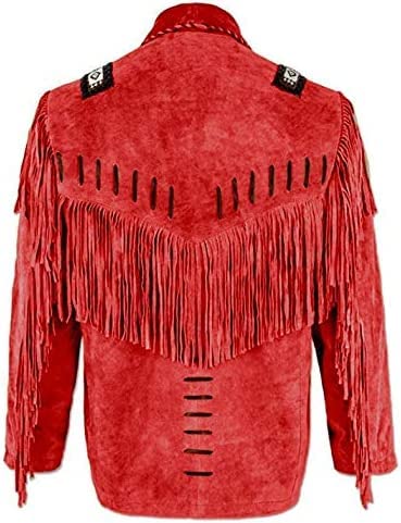 Image of Mens Traditional Western Cowboy Suede Leather Jacket | Classic Native American jacket Coat with Beaded Fringed