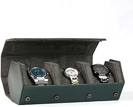 RESO Premium Watch Box Holder Organizer Case with 3 Slot, Leather Travel Watch Case with secure Snap Buttons, Scratch-Free Suede Interior Stylish Storage for Men & Women (Green)