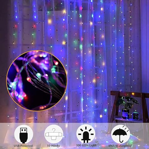 Image of MIRADH 300 LED Fairy Curtain String Lights 9.8Ft x 9.8Ft - USB Powered Remote-Controlled Backdrop, Warm Ambience for Diwali, Navratri, Christmas & New Year Decor,(Multi)
