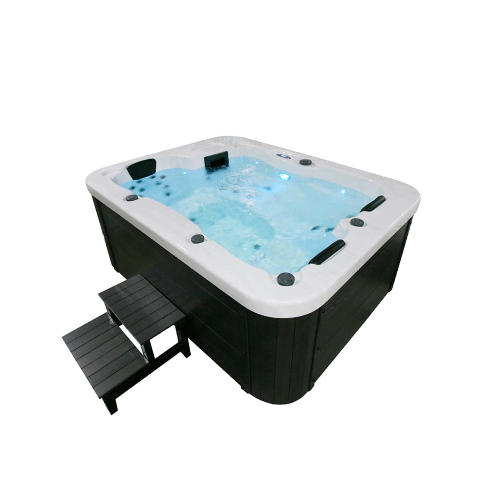 Home Deluxe - Outdoor Whirlpool - White Marble Plus Treppe und Thermoabdeckung - Maße 210 x 160 x 85 cm - Inkl. Heizung, 27 Massagedüsen und 9 Lichtquellen I Außen Whirlpool Spa für 3 Personen