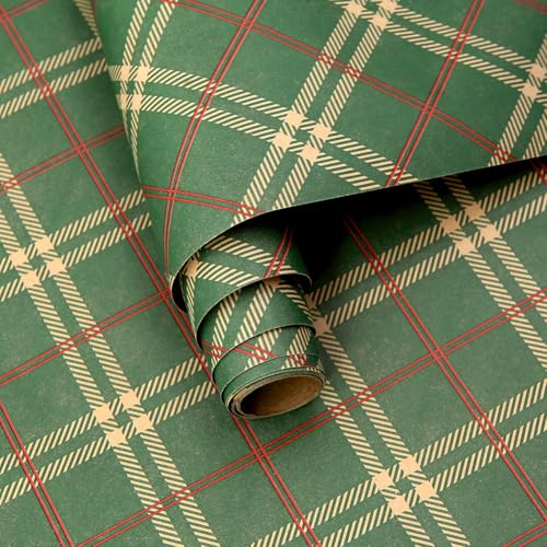 Simple Festive Stylish Classic Check Emerald Green and Red Tartan Plaid Gift Wrapping Paper - 1 Mini Roll 43x300cm Per roll - Luxury Plaid Gift Wrap For Birthday Holiday Men Women