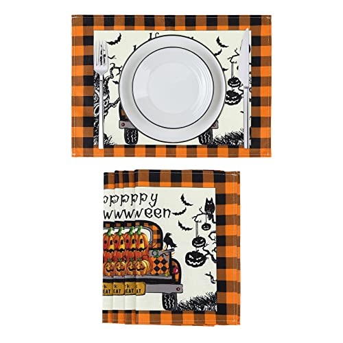 Image of Halloween Placemats Decorations with Pumpkin Print Set of 6 Marble Kitchen Table Mats Set of 4 Halloween Accessories
