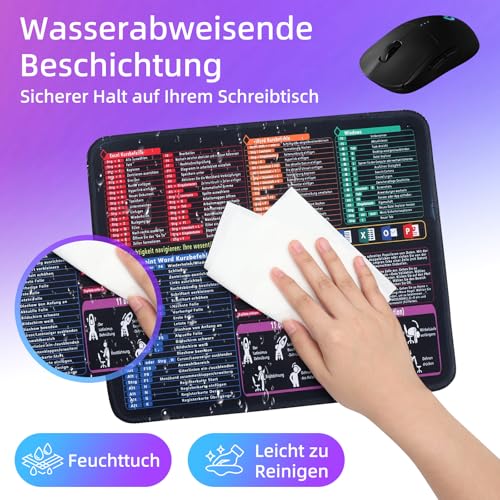UOCAI Mauspad 250x300x3mm, Excel Mouse Pad Klein Shortcuts Unterlage Deutsch, Gaming Mousepad Rutschfest Wasserdicht, Excel Schreibtischunterlage mit Word PPT für PC Büro Laptop Arbeit Studium Zuhause