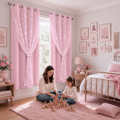 Image of Yinhua Pink Blackout Curtains Double Layer Curtains for Bedroom 63 Inch Length Nursery Curtain for Living Room, Grommet Drapes with Tiebacks, 2 Panels, 52 inch W x 63 inch L