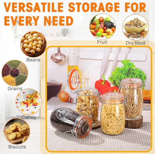 Image of 32oz Wide Mouth Glass Jars 4 Pack with Airtight Hinged Lids, Large Clear Kitchen Canisters with Measurement Marks & Decorative Fruit Design for Flour, Coffee, Beans, and Canning (6pack-32oz)