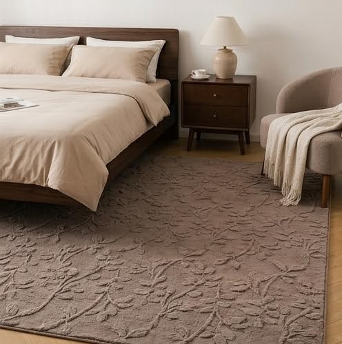 Image of HOMETHREADS Premium Plush Soft 2-Layer Faux Rabbit Fur Embossed Carpet, Washable Area Rug with Anti-Skid Backing for Living Room, Bedroom, Hall & Office, Ultra Soft Floor Carpet(Khaki, 3' x 5' Feet)