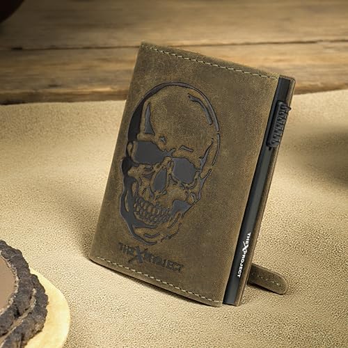 Image of The X Project Genuine Leather Wallet for Men | RFID Blocking Slim Bifold Wallet | Quick Card Eject Mechanism | Coin Pocket & ID Window | Premium Gift Box | Bold Skull Design (Greenish Brown)