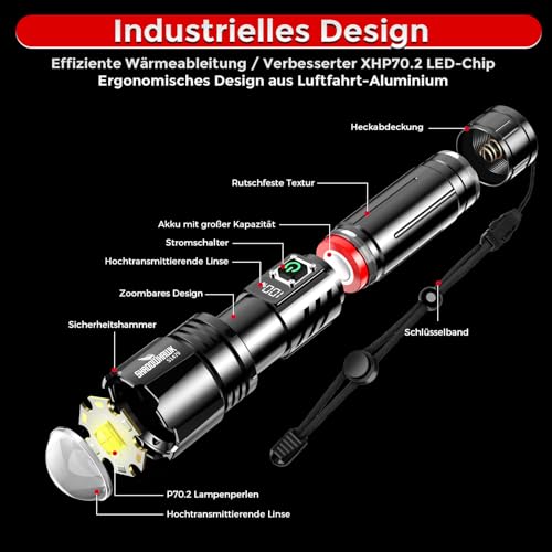 Shadowhawk 500000 Lumen Taschenlampe LED Aufladbar - Bis zu 1000m Reichweite, 24h Laufzeit mit 2 Akkus, LCD-Prozentanzeige Taktische Taschenlampen, Extrem Hell Flashlight für Camping, Wandern, Outdoor