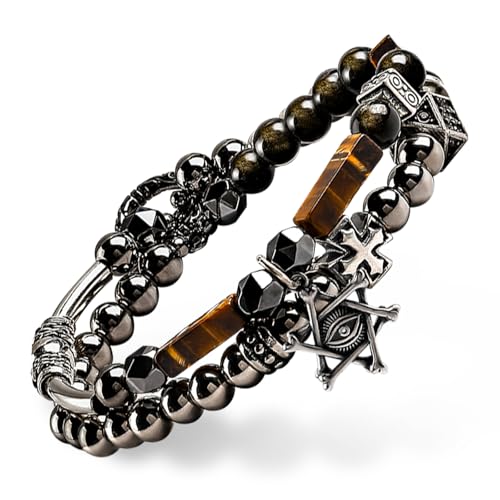 GUXI-Mundane World Tiger Eye Bracelet Men Genuine Premium Obsidian Mens Bracelet Pure Handmade Natural Protection Bracelet Evil Eye Cross Bracelet Mens Gifts