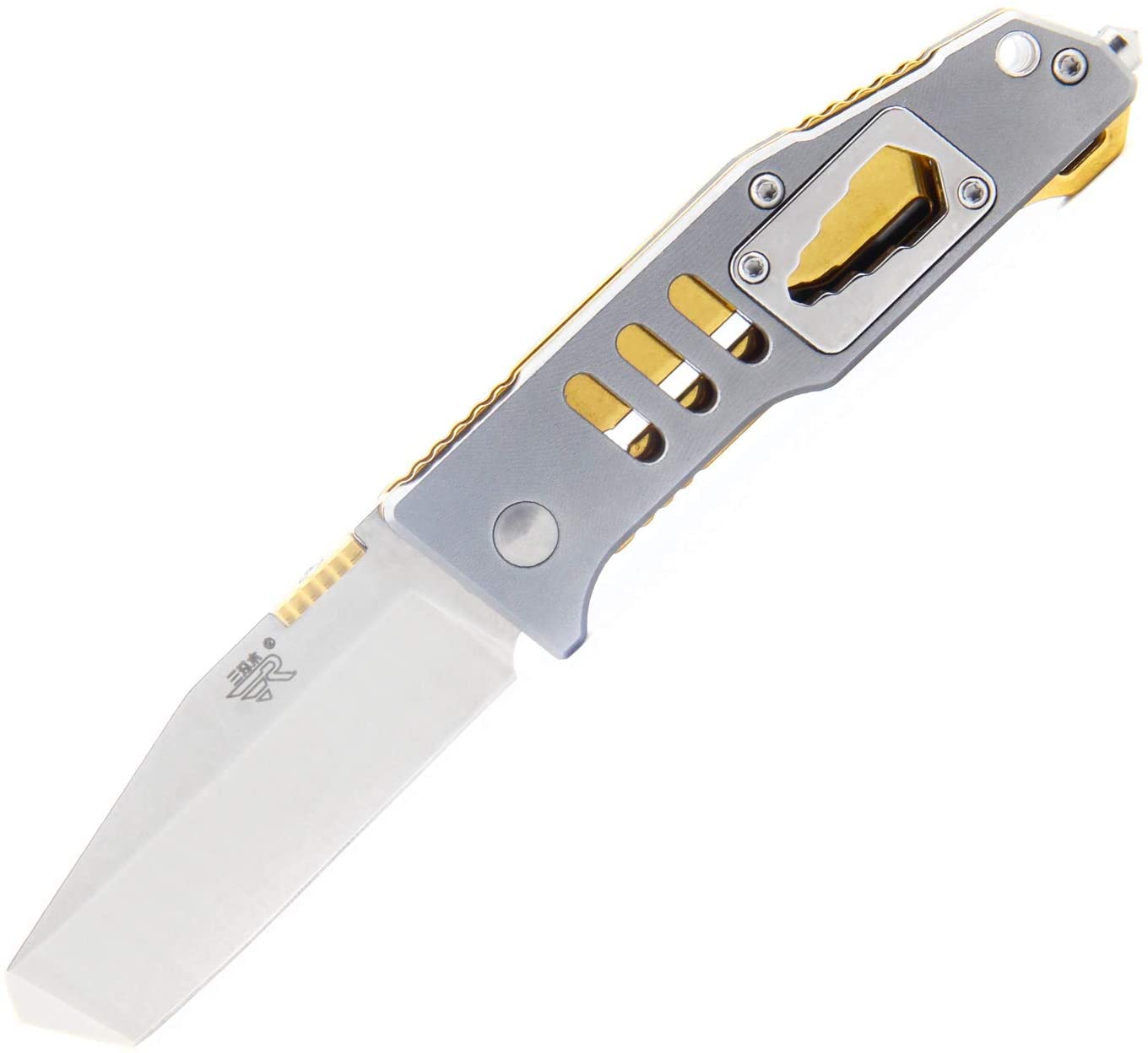 Sanrenmu7046 Folding Pocket Knife with Tanto Blade Multi function Knife (Grey&Golden)