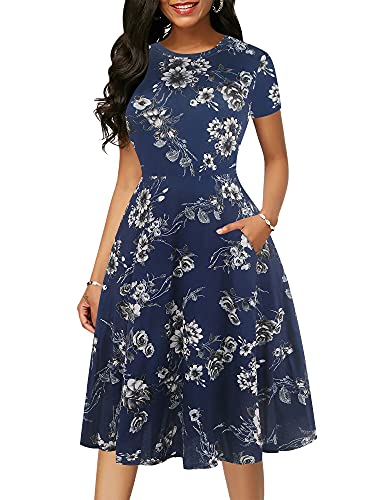 Image of oxiuly Women Casual Dress Round Neck Soft Cotton Floral A-Line Midi Summer Dresses with Pockets OX262