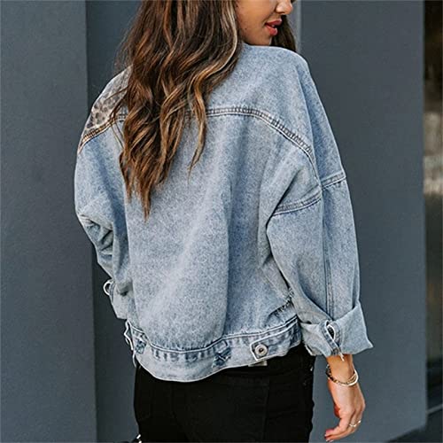 Veste en jean léopard boutonné avec manches longues et patchwork
