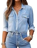Women's Button Down Denim Shirt Collared Casual Long Sleeve Pocket Tops