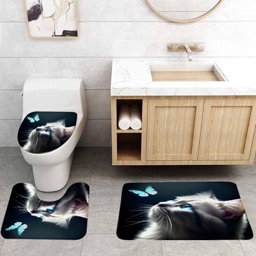 FGYGYK Cute Cat 3 Pcs Bath Rugs Set,Blue Butterfly Funny Kitten Farmhouse Rustic Animal Pets Retro Bathroom Kitchen Rug with 17.8