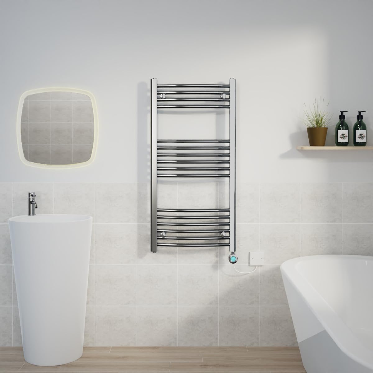 Warmehaus Chrome Electric Heated Towel Rail Curved Thermostatic Bathroom Towel Radiator With Timer - 1000X500mm