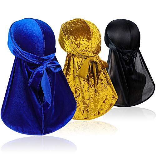 3 Pcs Wave Durags (Velvet Durag, Crushed Velvet Durag and Soft Durag ) – Premium Headwraps with Extra Long Tail for 360 Waves