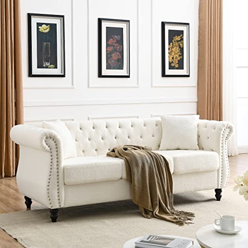 White Teddy Chesterfield Sofa With Chair And Footrest, 80'' Modern Tufted 3 Seater Couch With Scroll Arms And Wood Legs,2-Piece Tufted Couches For Living Room,Office, Apartment #TOP4