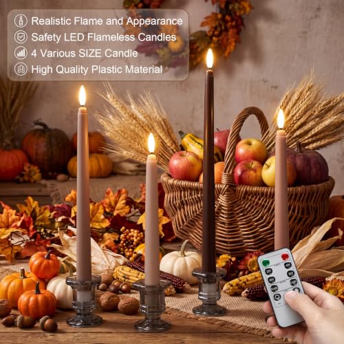 Image of Rossesay 16 Pcs Brown Flameless Taper Candles Battery Operated Candles with Remote Timer 8.5 inch 9.6 inch 10.8 inch 12.8 inch Multiple Sizes LED Flickering Candlestick for Wedding Party Centerpieces Decor