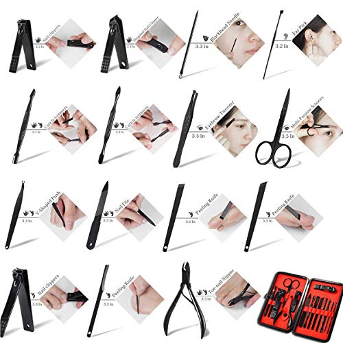 Image of Professional Stainless Steel Nail Clipper Travel & Grooming Kit Nail Tools Manicure & Pedicure Set of 15pcs with Luxurious Case (Black /Red)
